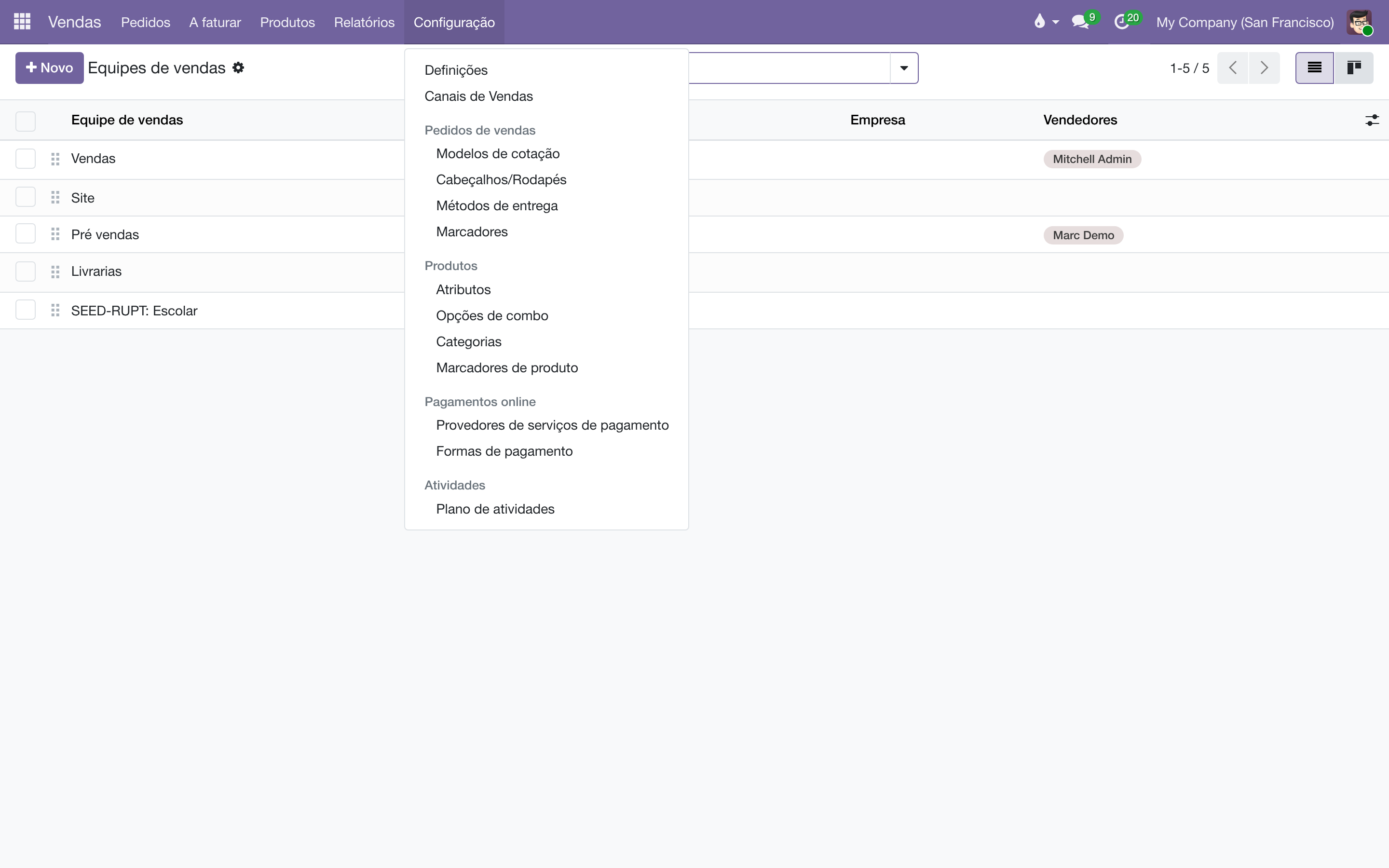 Menu Vendas, Configuração aberto no item Canais de Vendas, com a lista de canais atrás