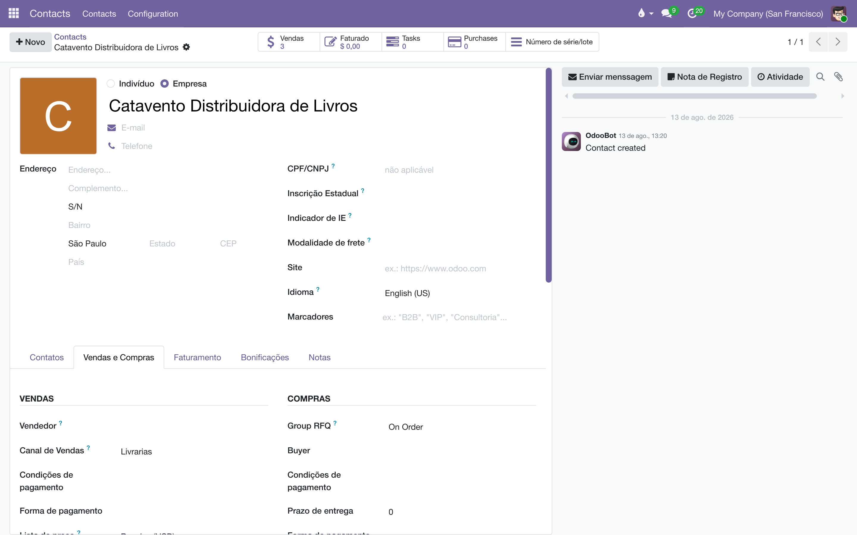 Ficha de uma distribuidora com o campo Canal de Vendas preenchido na aba Vendas e Compras